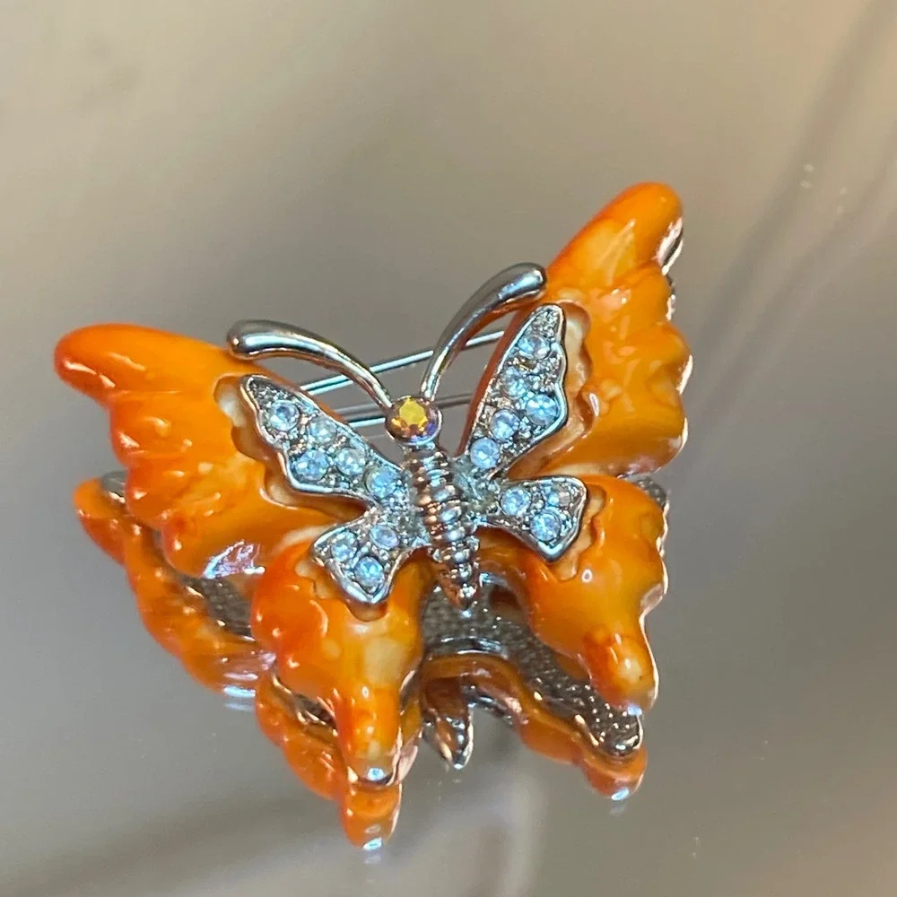 Orange Enamel Butterfly Brooch Rhinestone Silver Tone Insect Pin Marbled Wing